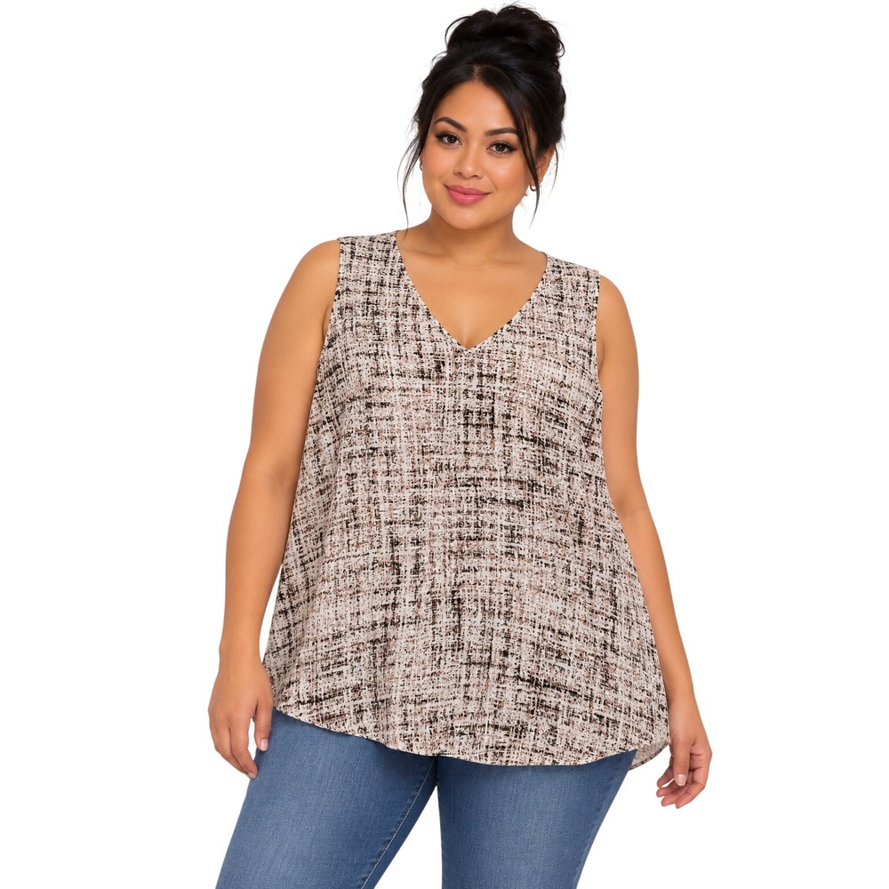 Apt. 9 Womens XXL Sleeveless V-Neck Blouse Abstract Print Black Tan Pink Top